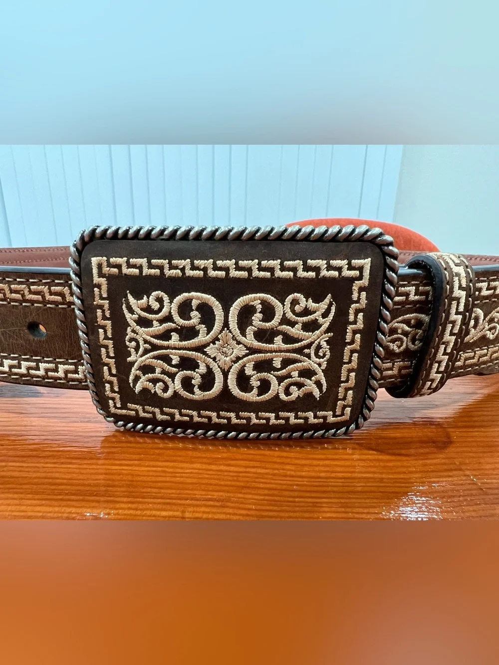 New Nocona Brown Leather Belt with Cream Embroidered Scroll Buckle